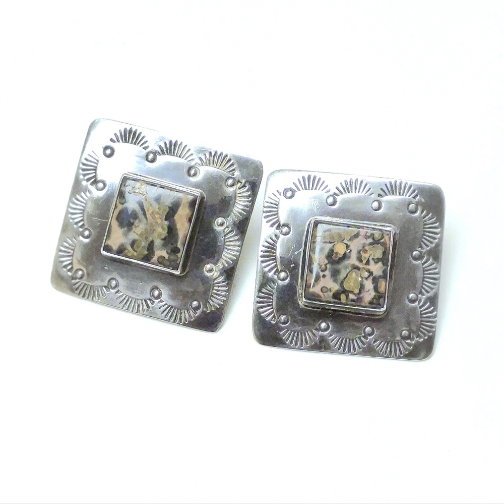 Leopardskin Jasper Square Silver 925 Pierced Earrings
